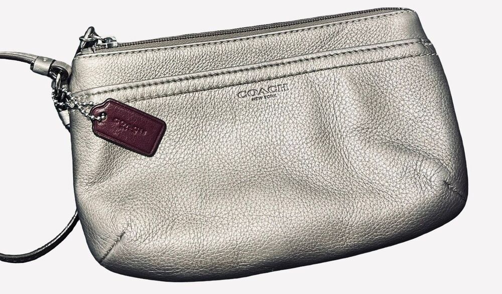 Coach Metallic Pewter Leather Wristlet with Red Tag GUC - Picture 6 of 9